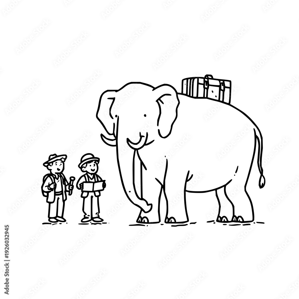 Fototapeta premium Elephant with Gifts and Two Boys Talking