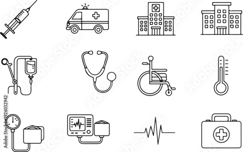Medical Equipment Icons: Syringe Ambulance Hospital IV Drip Stethoscope Wheelchair Isolated on white background