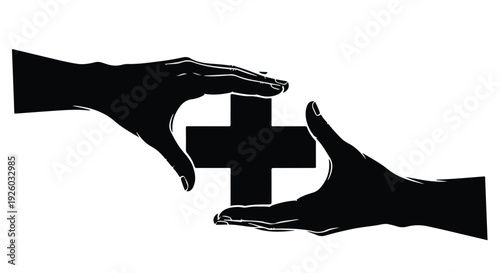 Two hands protectively framing a black plus symbol against a white background, symbolizing care and support