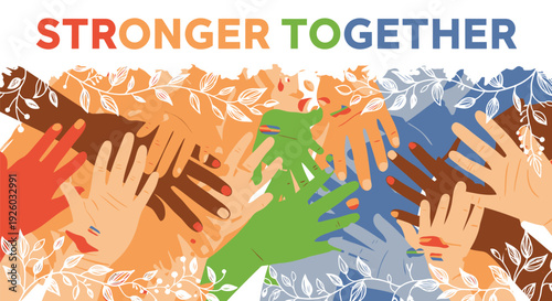 Diverse hands icon set with 'Stronger Together' text