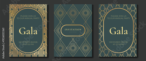Gala invitation vector template with gold foil details on emerald green background. Luxury elegant design for special event invitations and wedding cards.
