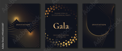 Gala invitation vector template with gold foil details on black background. Luxury elegant design for special event invitations and wedding cards.