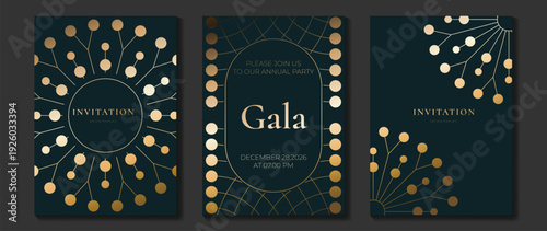 Gala invitation vector template with gold foil details on deep teal background. Luxury elegant design for special event invitations and wedding cards.