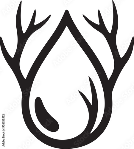 Stylized water drop icon framed by organic deer antlers for conservation awareness or wilderness protection branding and environmental sustainability symbol concepts