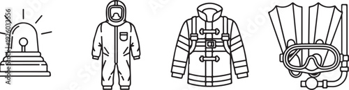 Protective Gear Icons: Hazmat Suit Firefighter Jacket Diving Mask and Siren Light