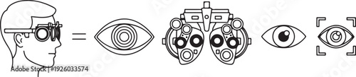 Optometry Eye Exam Process: Patient with Trial Frame Eye Charts Phoropter and Vision Test Icons