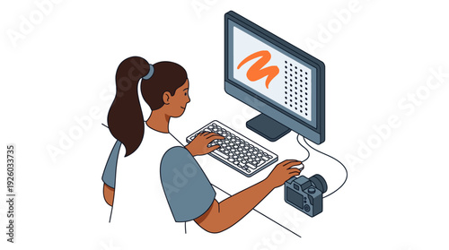 Creative Woman Working on Computer with Camera. Digital Design, Photo Editing, Content Creation Illustration.