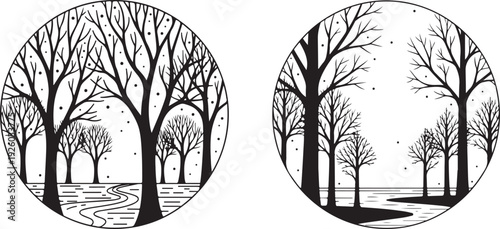 Two circular frames depicting winter tree landscapes with barren branches, snow-covered paths, and tranquil natural scenery perfect for seasonal designs