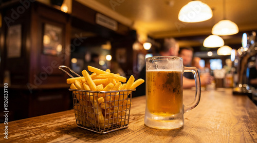 Wallpaper Mural French Fries in Basket with Beer Mug on Wooden Pub Counter Torontodigital.ca