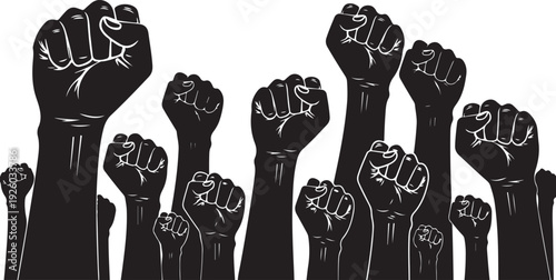 Raised Fists Silhouette Clenched in Unity and Protest Symbolizing Strength and Solidarity Isolated on white background