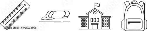 School Supplies Icons: Ruler Eraser Building Backpack for Education and Learning Concepts