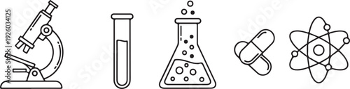 Science Icons: Microscope Test Tube Flask Pills AtomVector