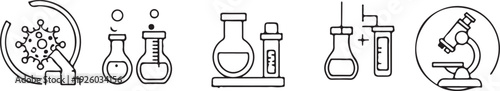 Science Laboratory Icons: Beakers Microscope Virus Analysis Isolated on white background