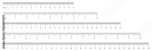 Markup for rulers in different scales isolated on white background. Measuring scale set. Ruler for comparing sizes of object. Metrics indicators 1-12-15-25-30 cm, inch. Vector illustration.