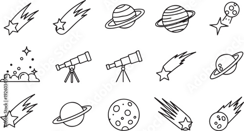 Space Exploration Icons: Planets Telescopes Comets Stars and Nebulas