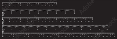 Measuring tools, scales icons. Inch, metric rulers. Scale for ruler in centimeters, inches. Metrics indicators cm, inch. Black color cm, inch Measuring scale set. EPS 10.