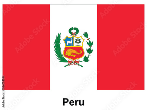 Flag of Peru with National Coat of Arms Displayed on a White Background