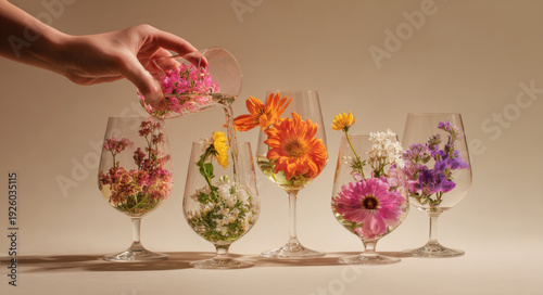Hand is pouring colorful flowers into wine glasses, creating vibrant display of nature beauty. arrangement showcases various flowers in different glasses, evoking sense of joy and creativity