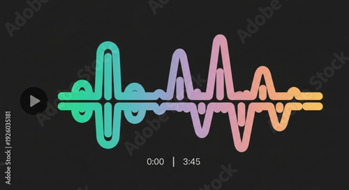 Multicolor sound wave animation with play button on black background symbolizing music and audio visualization technology
