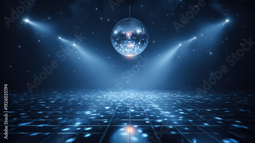 Vibrant blue disco background features shimmering disco ball suspended above dance floor illuminated by soft lights. atmosphere is energetic and inviting, perfect for dancing and celebration