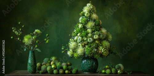 Unique Christmas tree made of green flowers and foliage stands against deep green background, accompanied by matching vase filled with greenery and decorative fruits, creating harmonious