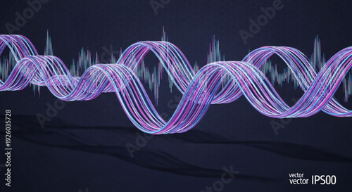 Vibrant purple and blue waveform graphic on dark background with sound wave pattern
