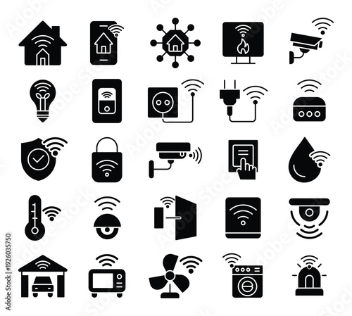 Smart Home Technology Icons for Automation, Security, and Connectivity