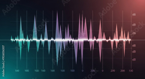 Sound wave pattern with colorful gradient peaks on a dark background with grid lines and axis labels for audio analysis