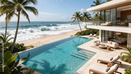 Modern luxury beachfront villa with infinity pool, palm trees, and ocean view. Perfect for relaxation and outdoor living in a tropical coastal setting.