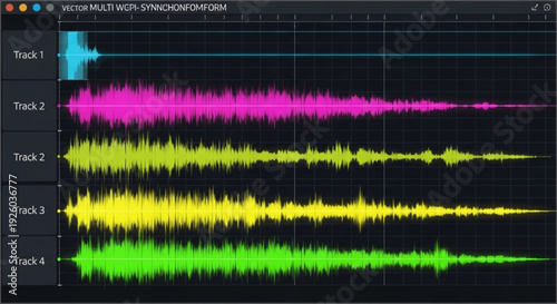 Multitrack audio waveform display with colorful sound tracks on black background in digital audio workstation