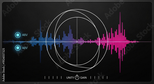 Sound wave pattern with dual channel audio waveform and circular analyzer on black background for music production and sound engineering