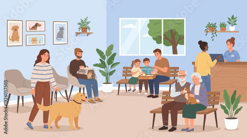 Diverse Pet Owners and Their Animals Waiting in a Modern Veterinary Clinic Reception Area