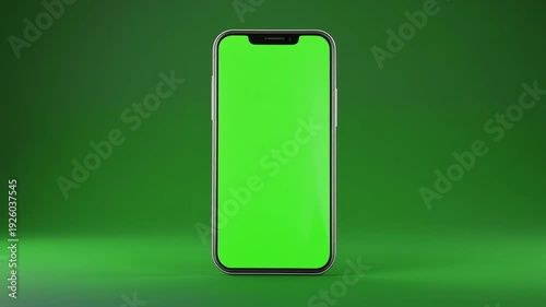 Modern smartphone with a vibrant green screen display standing upright against a matching green background, ready for content insertion.