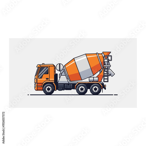 An orange and white concrete mixer truck is shown in profile