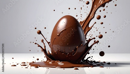 A captivating chocolate egg experiences a dynamic splash, surrounded by rich liquid dessert and scattered droplets, set against a pristine, glowing white background, evoking a sense of sweet indulgenc