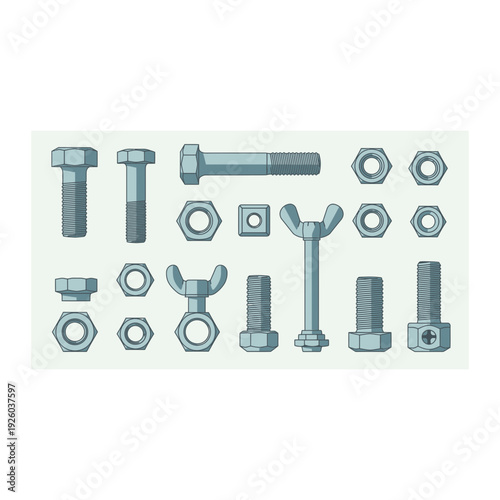 A collection of bolts and wrenches on a white background
