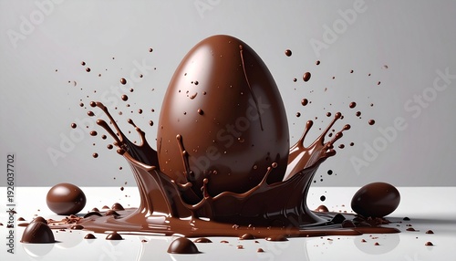 Rich chocolate egg erupt from a dynamic splash of liquid brown, complemented by scattered smaller candies and droplets on a pristine white surface, highlighting indulgence and gourmet delight