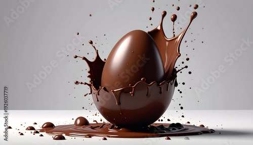 Dynamic studio shot of a smooth, rich brown dessert sphere emerging from a dramatic splash of melted confectionery, showcasing motion and deliciousness on a clean light background