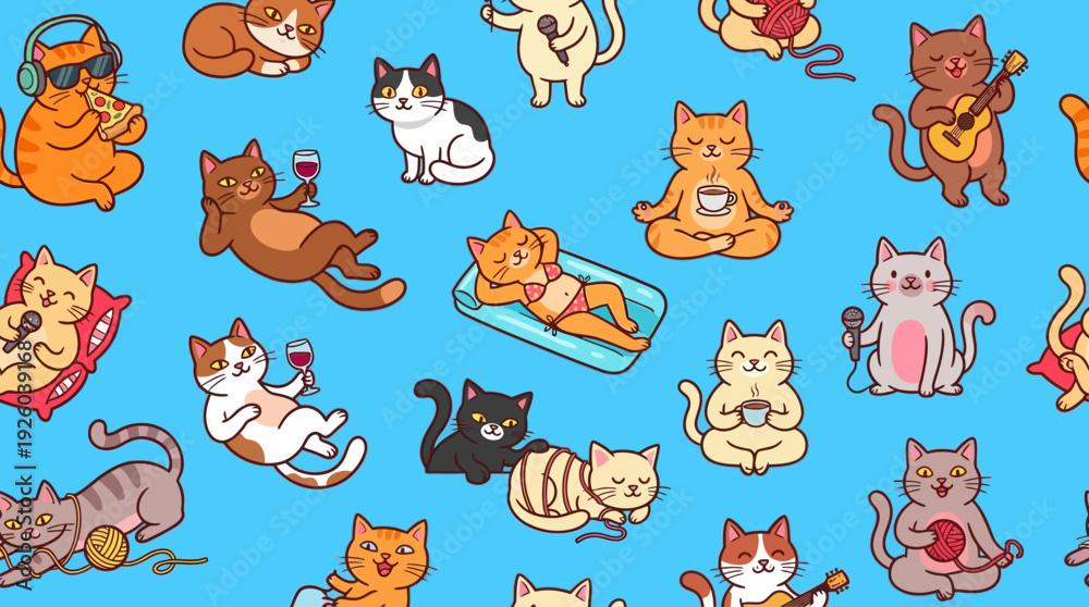 Obraz premium Cute Cartoon Cats Seamless Pattern: Playful Felines Enjoying Hobbies Like Meditating, Singing, and Relaxing on a Bright Blue Background