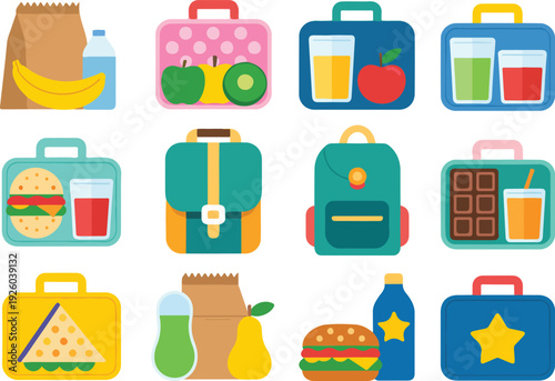 Cute Kids Lunch Box and Snack Vector Set Sandwiches, Fruits, and Drinks