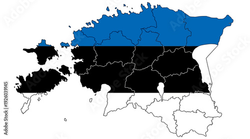 Map of Estonia with National Flag Colors and Administrative Divisions. Detailed vector illustration showcasing Estonian counties and borders.