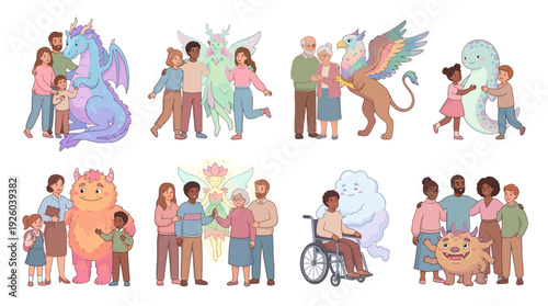 Diverse Families and Friends Embrace Mythical Creatures: Whimsical Illustrations Depicting Acceptance, Imagination, and Belonging with Fantasy Beings