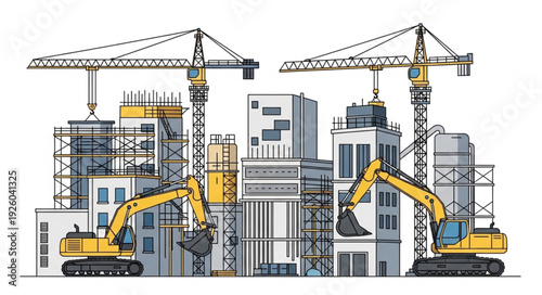 Construction site with cranes and excavators building new structures in urban area.