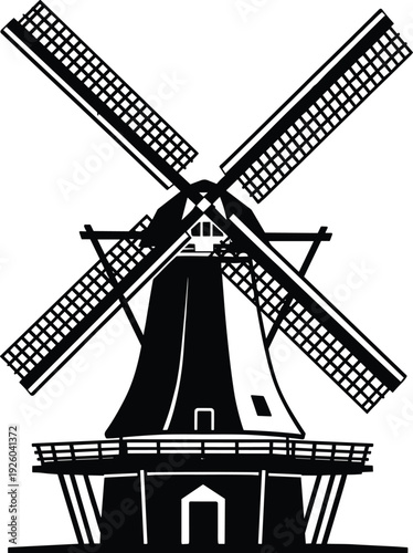 Traditional vintage windmill silhouette vector illustration isolated on white background for dutch heritage travel tourism and renewable energy history agriculture and farm design