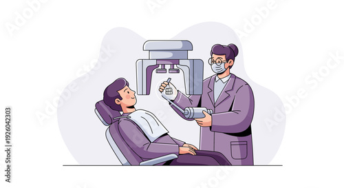 Dentist performing dental x ray examination on patient.
