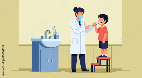 Doctor examining young boy with tongue depressor in clinic.