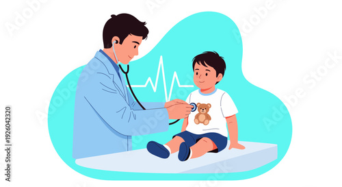 Doctor examining young boy with stethoscope illustration.