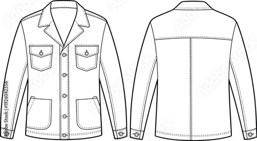 PrintJacket flat sketch, fashion technical drawing, apparel design illustration, front back view garment template, collared button down, chest pockets