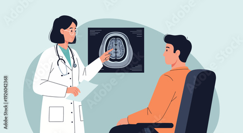 Female Doctor Explaining Brain Scan to Male Patient.