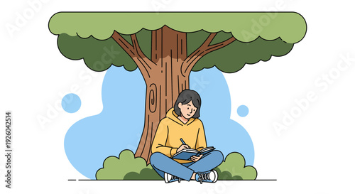 Person Sitting Reading Book Under Large Tree.